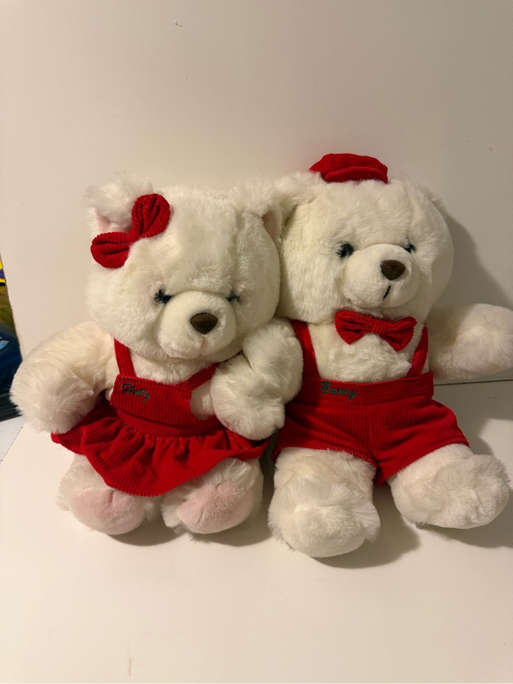 Vintage Holly & Barry Christmas Teddy Bear Pair Red Corduroy Outfits